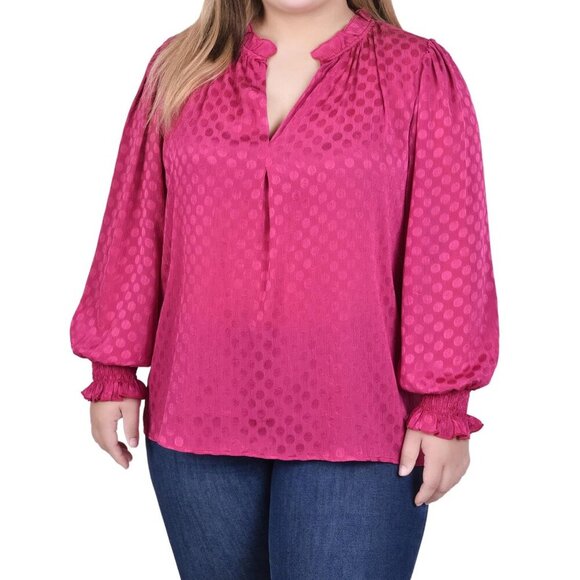 NY Collection Plus Size Long Sleeve Smocked Cuff Blouse - Sangria 1X NWT - Picture 2 of 5